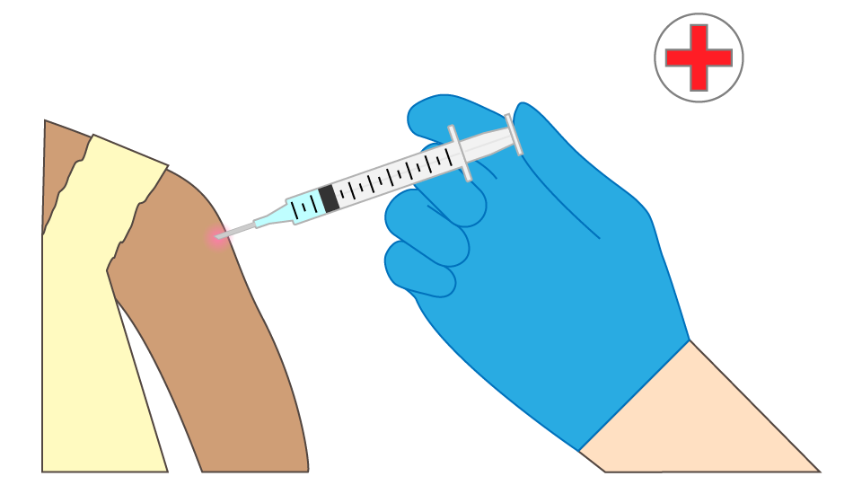 Image of gloved hand using a needle on a child's left shoulder to immunise them accompanied by simple text explaining vaccinations