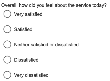 Overall, how did you feel about the service today? question with 5 radio button options, none selected