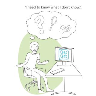 Line drawing of a person sitting at a desk shrugging. Their thought bubble contains a question mark, a magnifying glass and fingers shaped into the okay sign. On the computer screen are smiling emojis on different angles inside a speech bubble. Quote: 'I need to know what I don't know.'